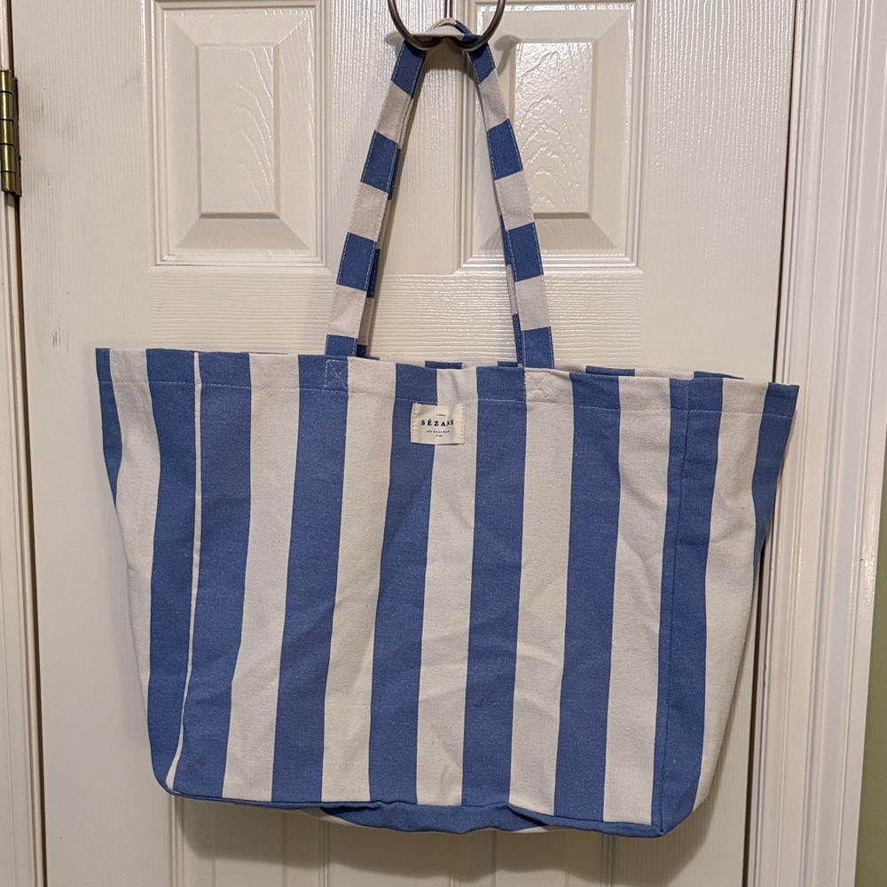 Sezane Blue and White Striped Tote Bag